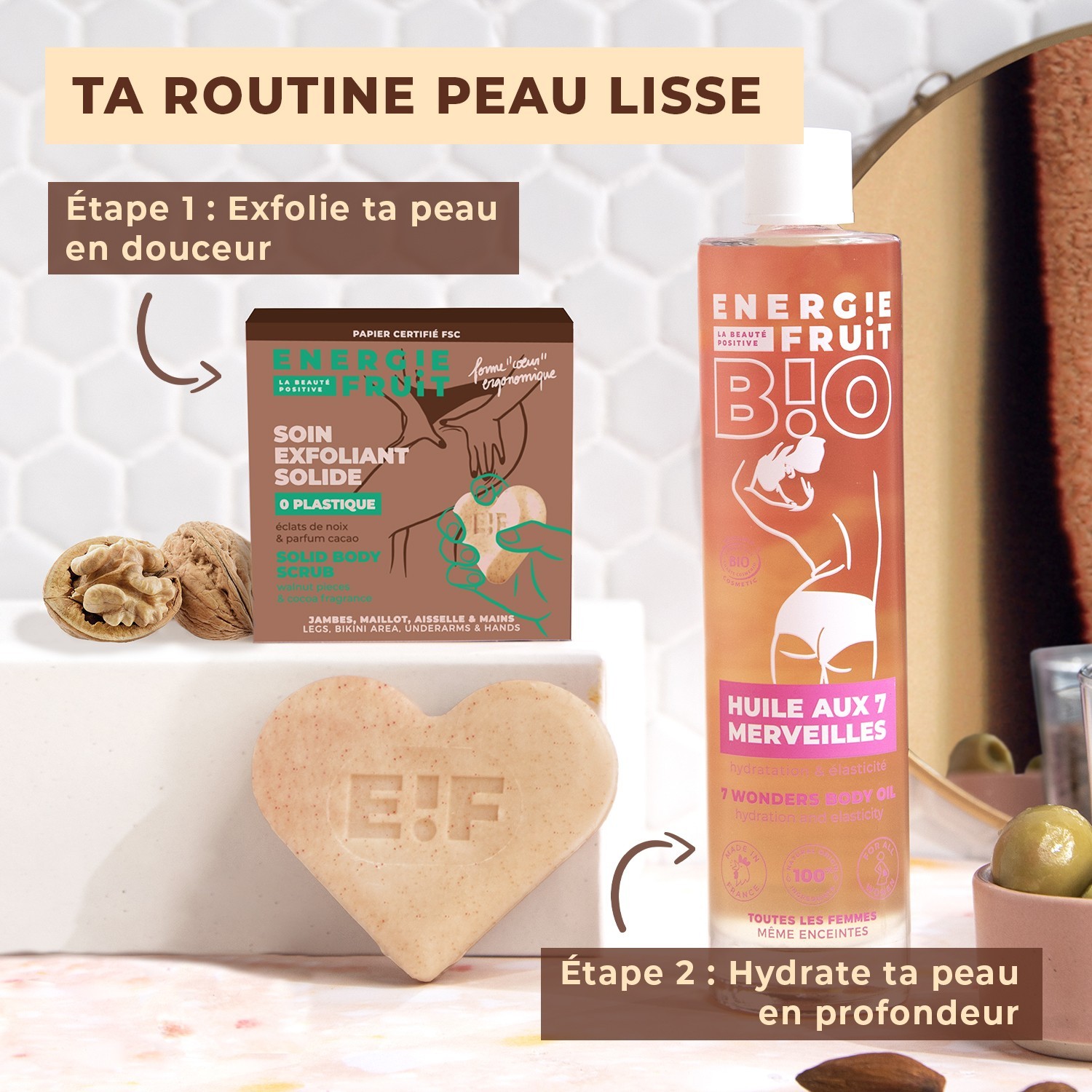 „Energie Fruit“ kietojo šveitimo priemonė su graikinių riešutų spindesiu ir saldžiųjų migdolų aliejumi bei kakavos aromatu.