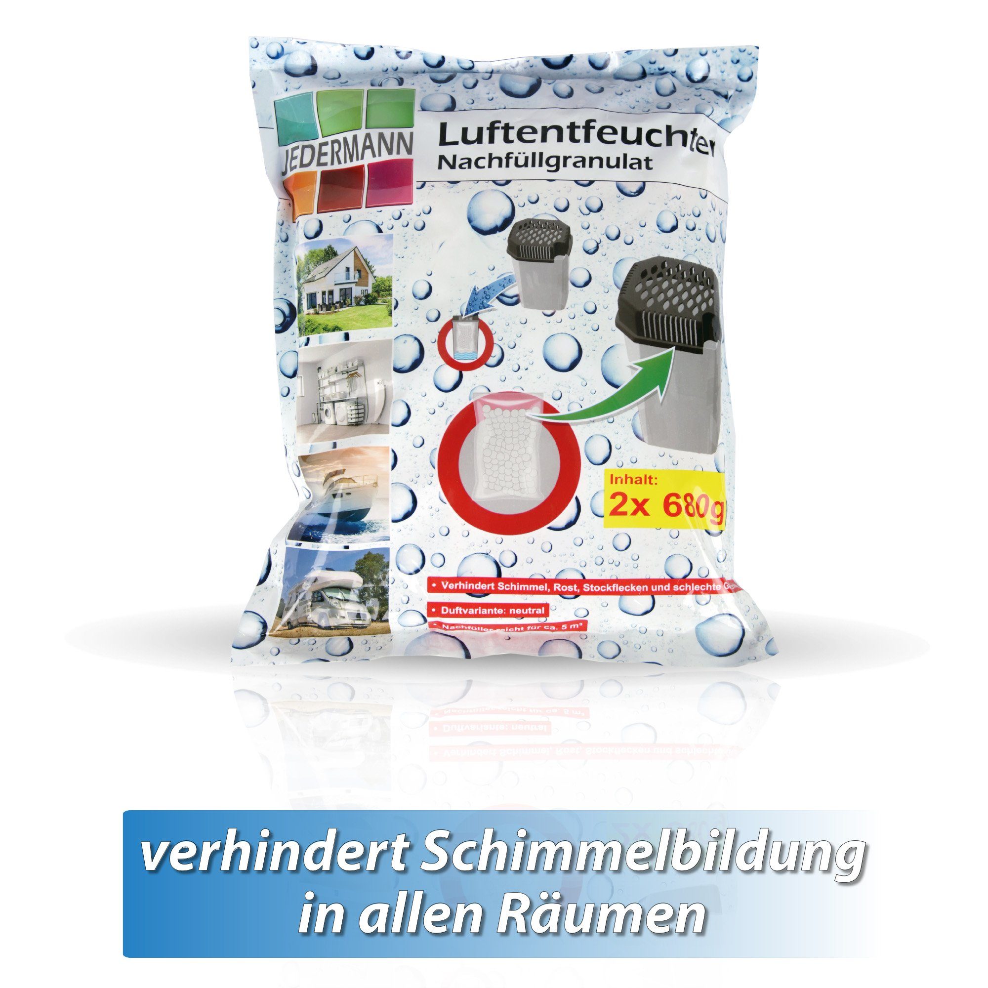 Bestlivings Luftentfeuchter Raumentfeuchter mit Ausgießfunktion, für 55 m³ Räume, Tank 0,50 l, Raumentfeuchter inkl. Granulat - Entfeuchter wiederverwendbar
