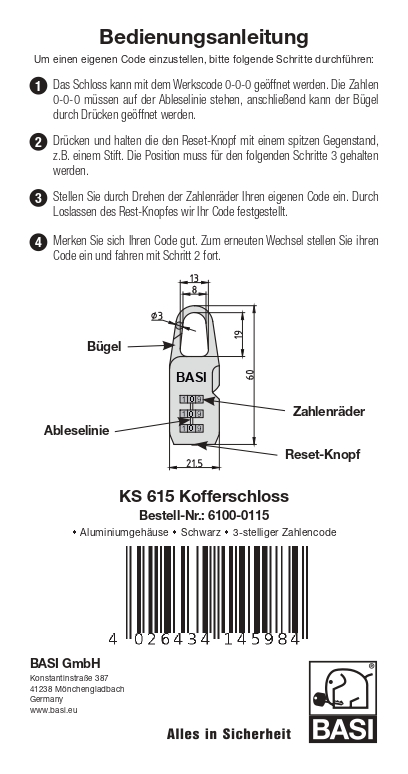 Basi Kofferschloss - KS 615 - Alu schwarz
