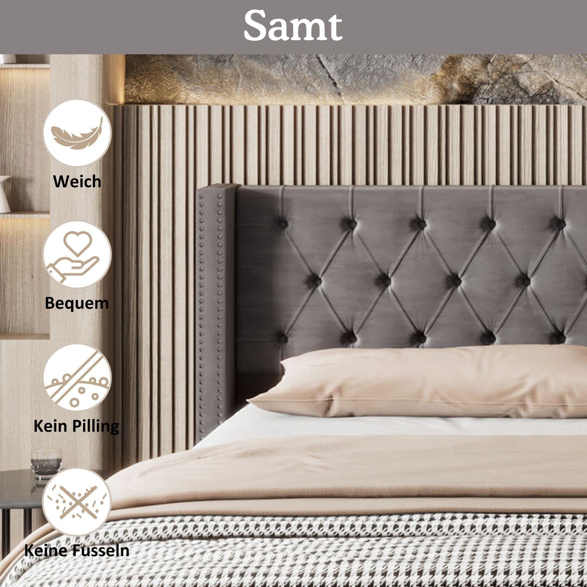 REDOM Polsterbett Doppelbett Stauraumbett (Ohrenform Doppelte Nietenreihe Flanell, Knopfnähte Kopf-und Fußende, Bettunterseite ist mit schmutzabweisenden schwarzen Vliesstoff, Grau), 140x200cm ohne Matratze