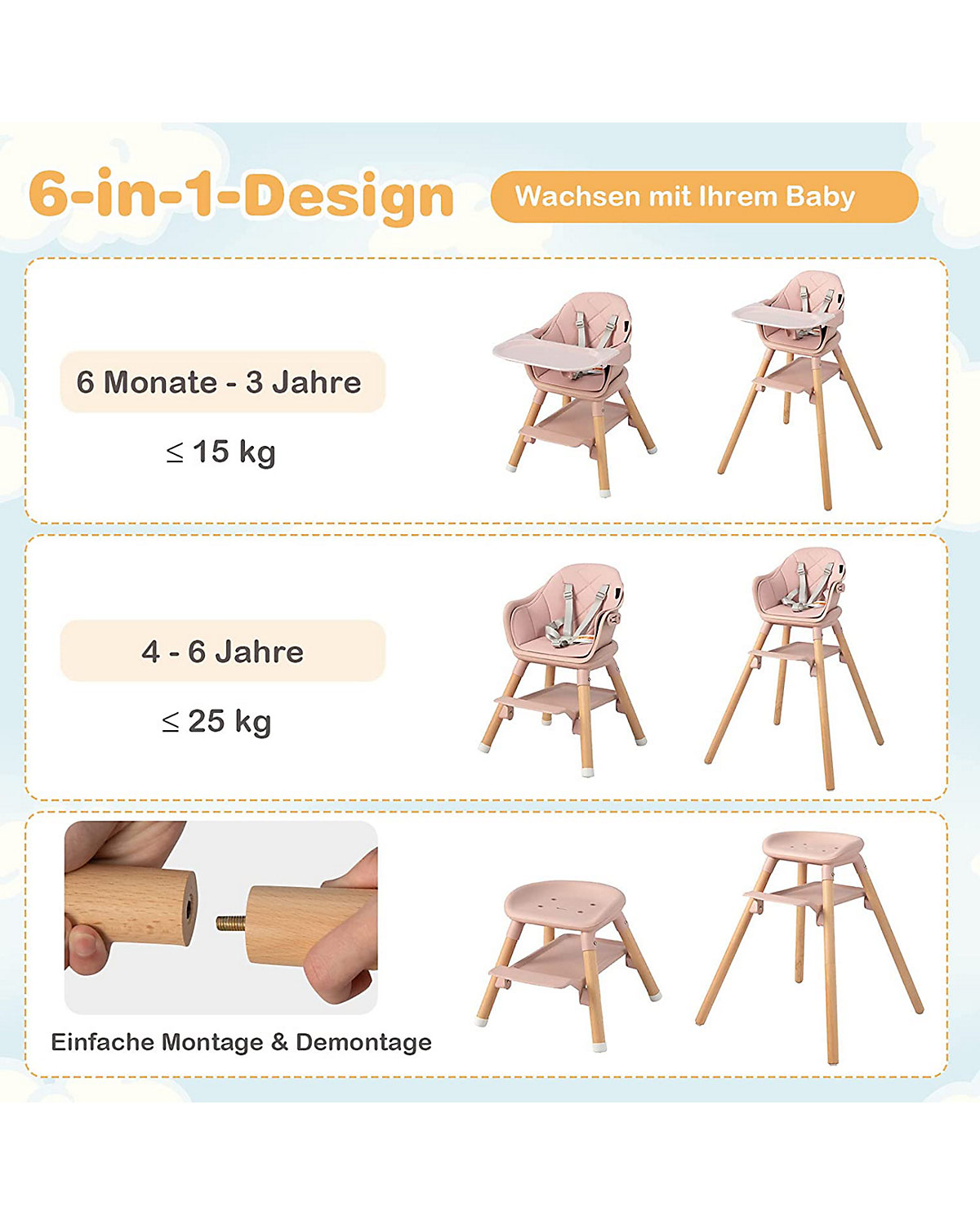 6 in 1 Hochstuhl mit Sitzkissen mit Tablett abnehmbar