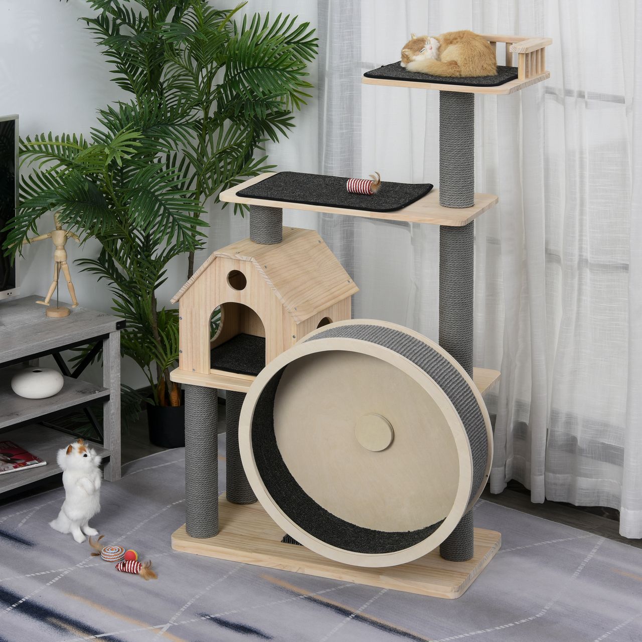 PawHut Katzenbaum mit Laufrad, 4-Stock Kratzbaum, Katzenhaus mit Sisalsäulen, Katzenhöhle, Massivholz 80 x 50 x 143 cm