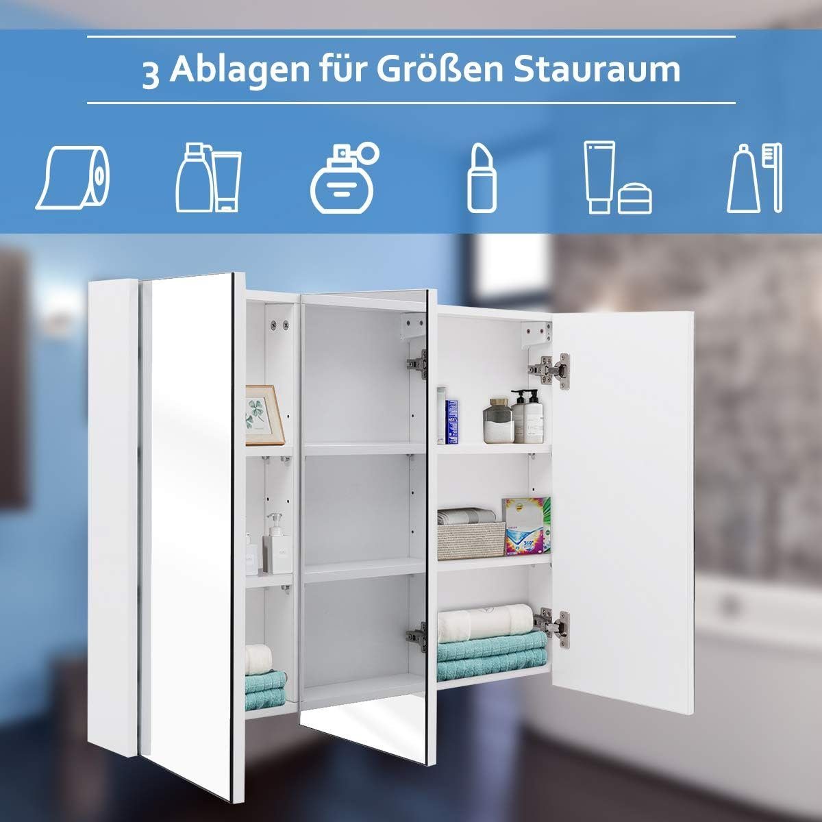 KOMFOTTEU Spiegelschrank mit 3 Türen mit Spiegel, 65 x 11 x 90 cm