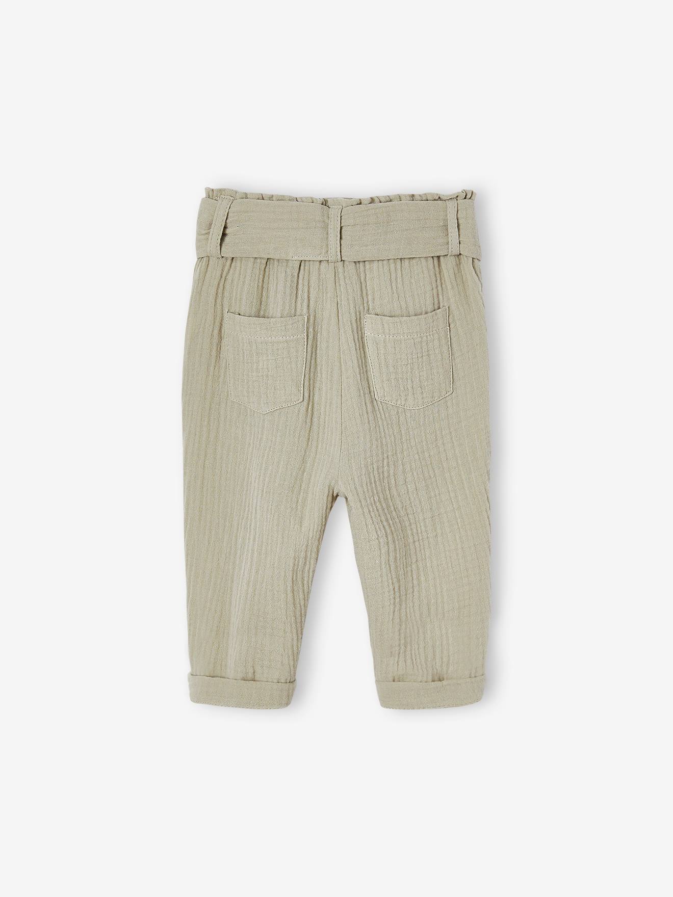 Pantalon paperbag bébé en gaze de coton vert de gris