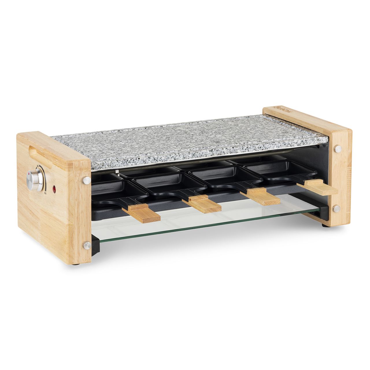 H.Koenig Multifunktionales Raclettegerät 8 Personen WOD12 Naturholzdesign, Herausnehmbarer Granitstein, Professionelles Raclette, 8 antihaftbeschichtete Pfännchen, 8 Holzspatel