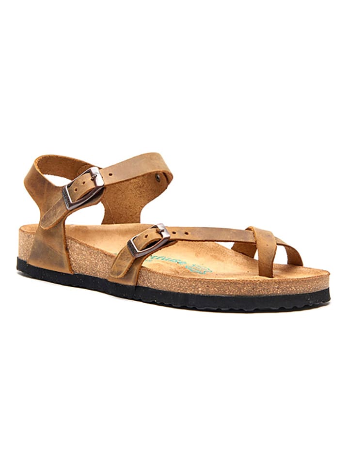 Comfortfusse Leder-Zehensandalen in Hellbraun günstig kaufen