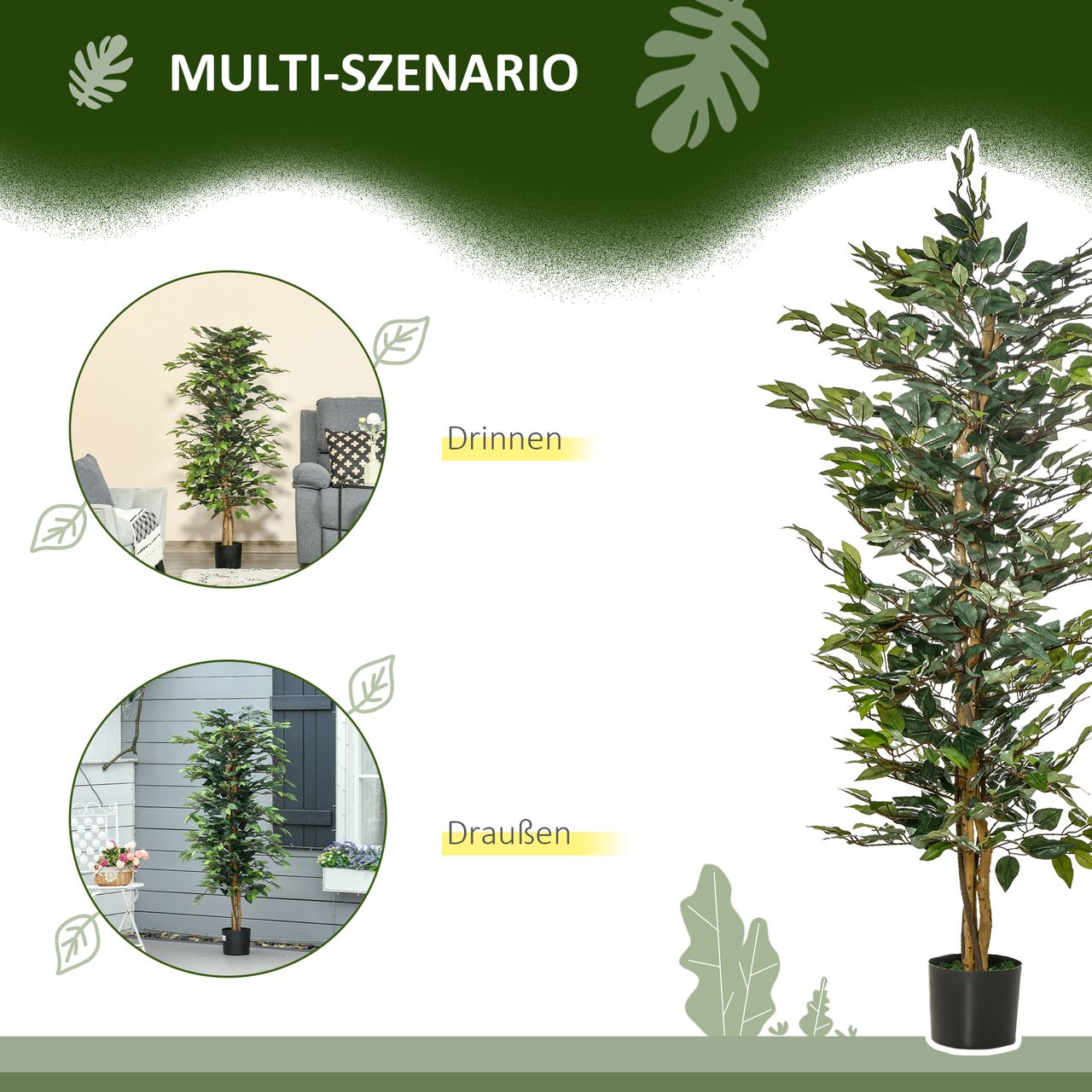 HOMCOM künstliche Pflanzen 150 cm künstlicher Ficus-baum Kunstpflanze Zimmerpflanze Dekopflanze Büropflanze Kunststofftopf für drinnen und draußen