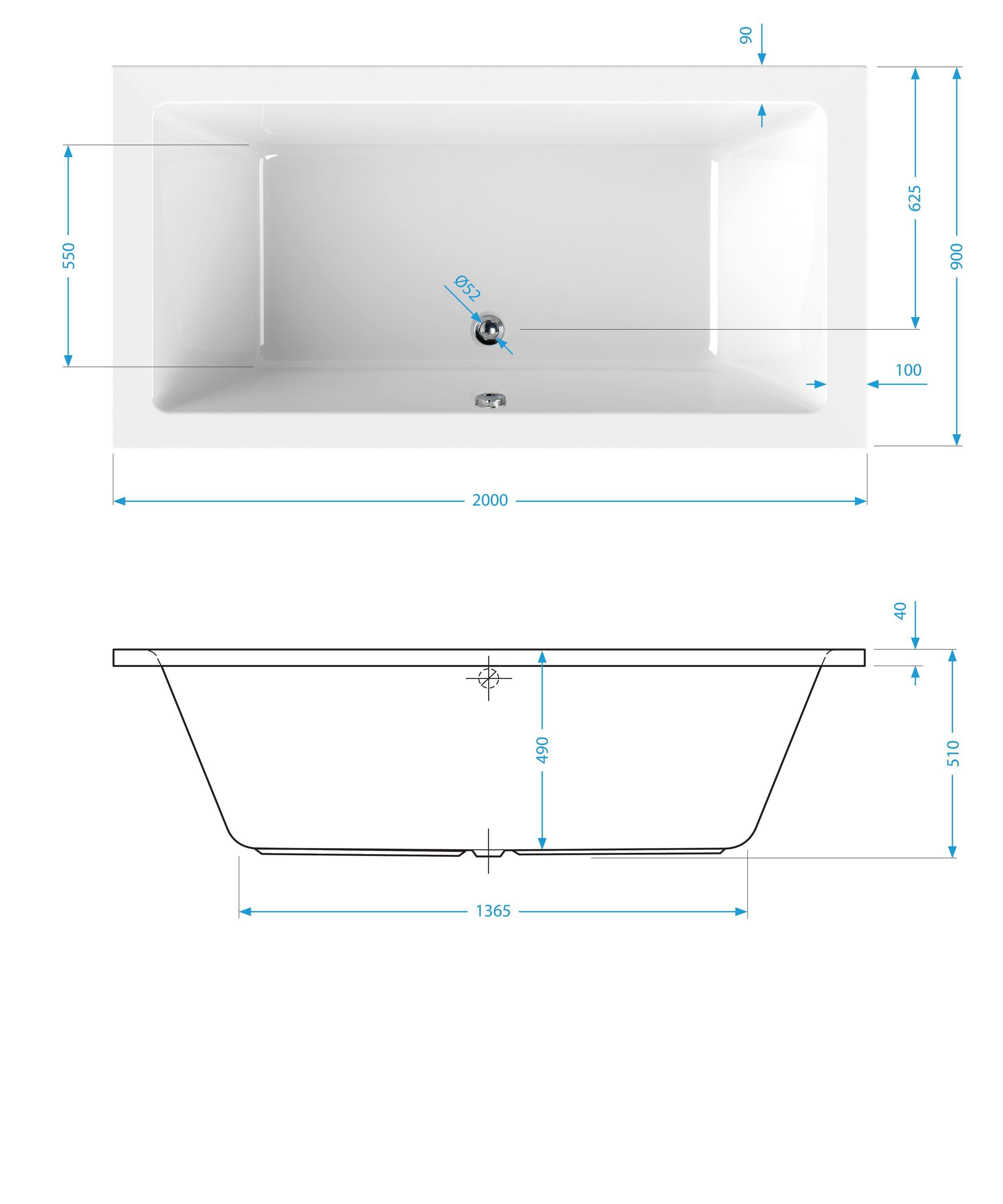 aquaSu Badewanne liDano, (1-tlg), Weiß, 200 x 90 cm, Acryl, Rechteckbadewanne, 801768
