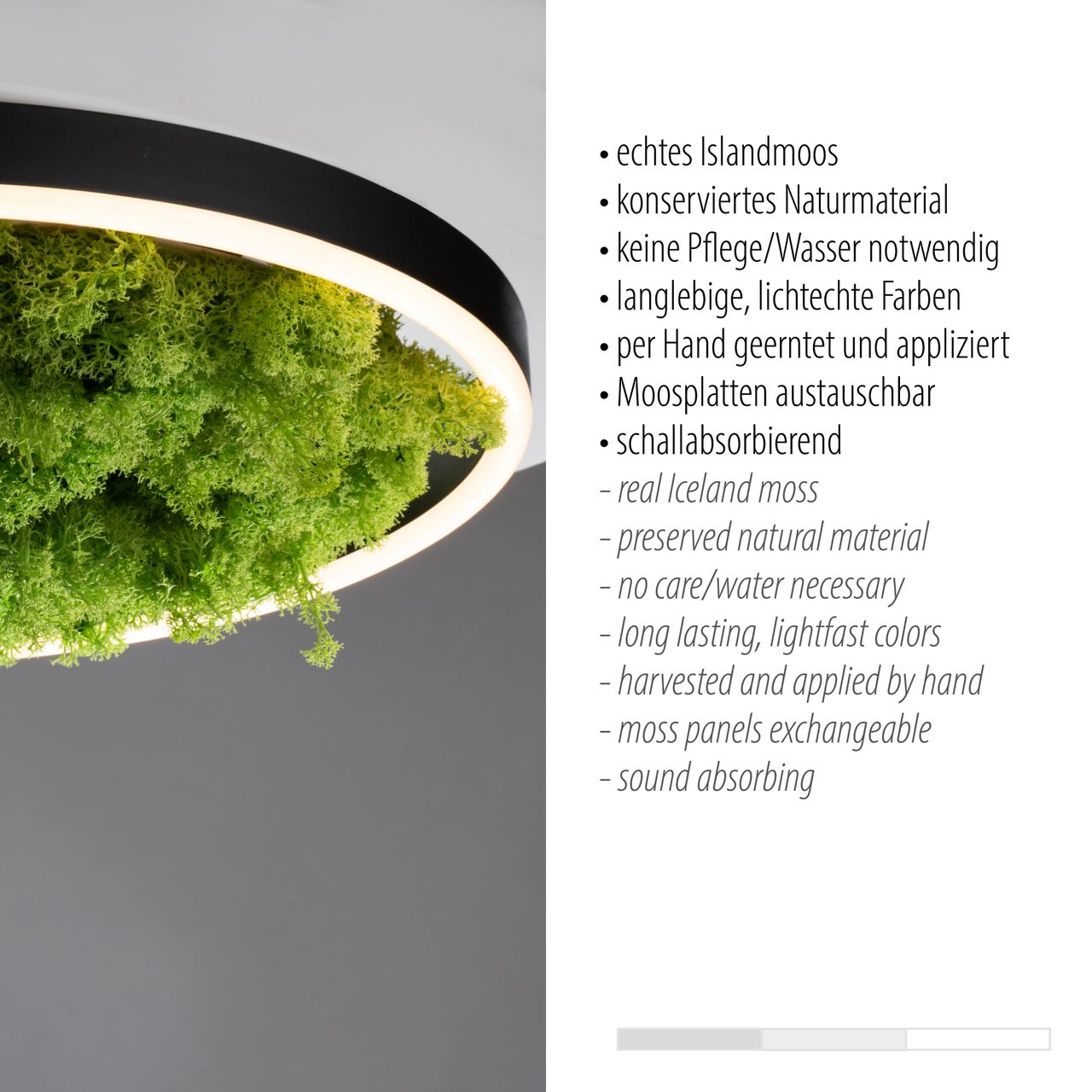 JUST LIGHT LED Deckenleuchte GREEN RITUS, 3-Stufen-Dimmer, echtes Moos, Ø39,3cm