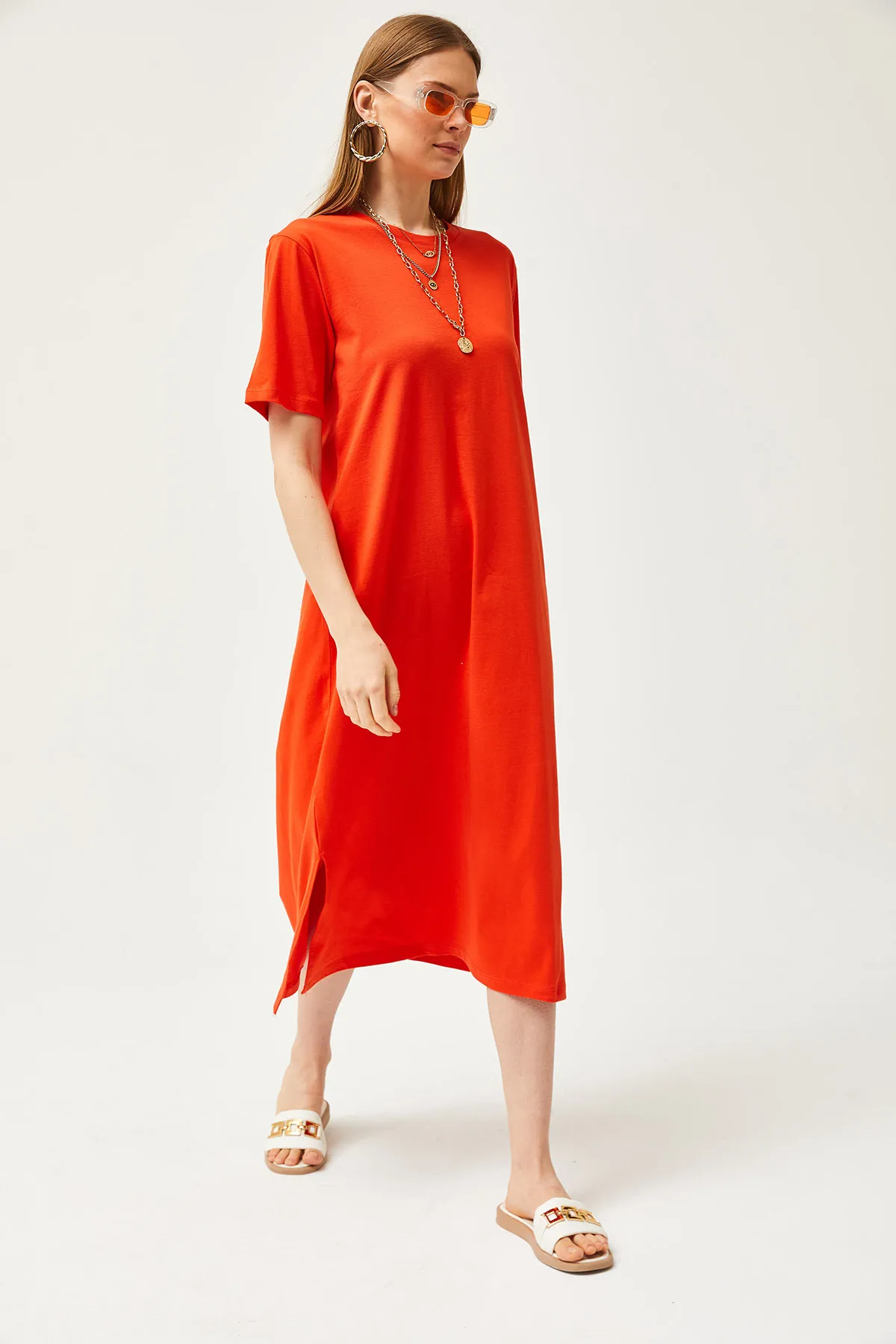 Olalook  Oranges Oversize-Baumwollkleid mit Seitenschlitz für Damen ELB-19001880