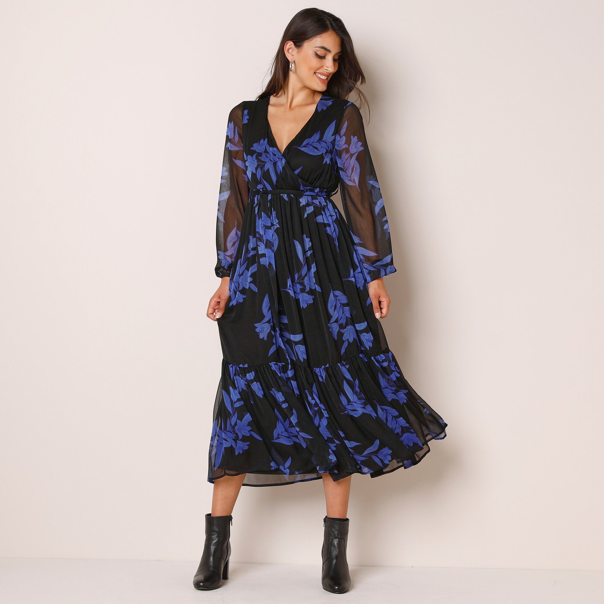 Robe longue volant, voile imprimé