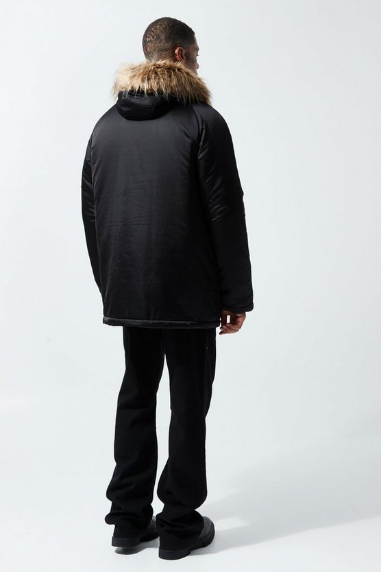 Geraffter Satin-Parka mit Kapuze mit Kunstfell-Detail