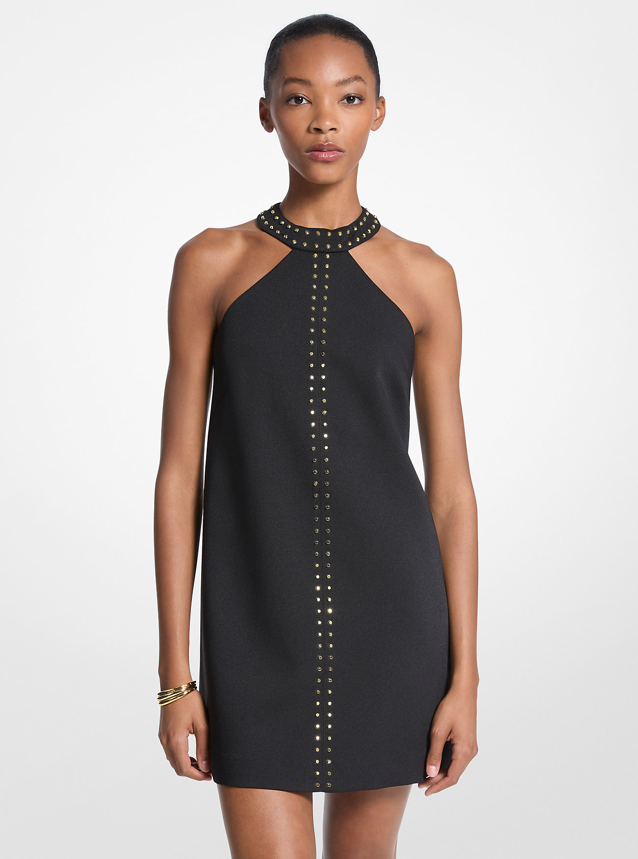 Studded Stretch Crepe Halter Mini Dress - BLACK