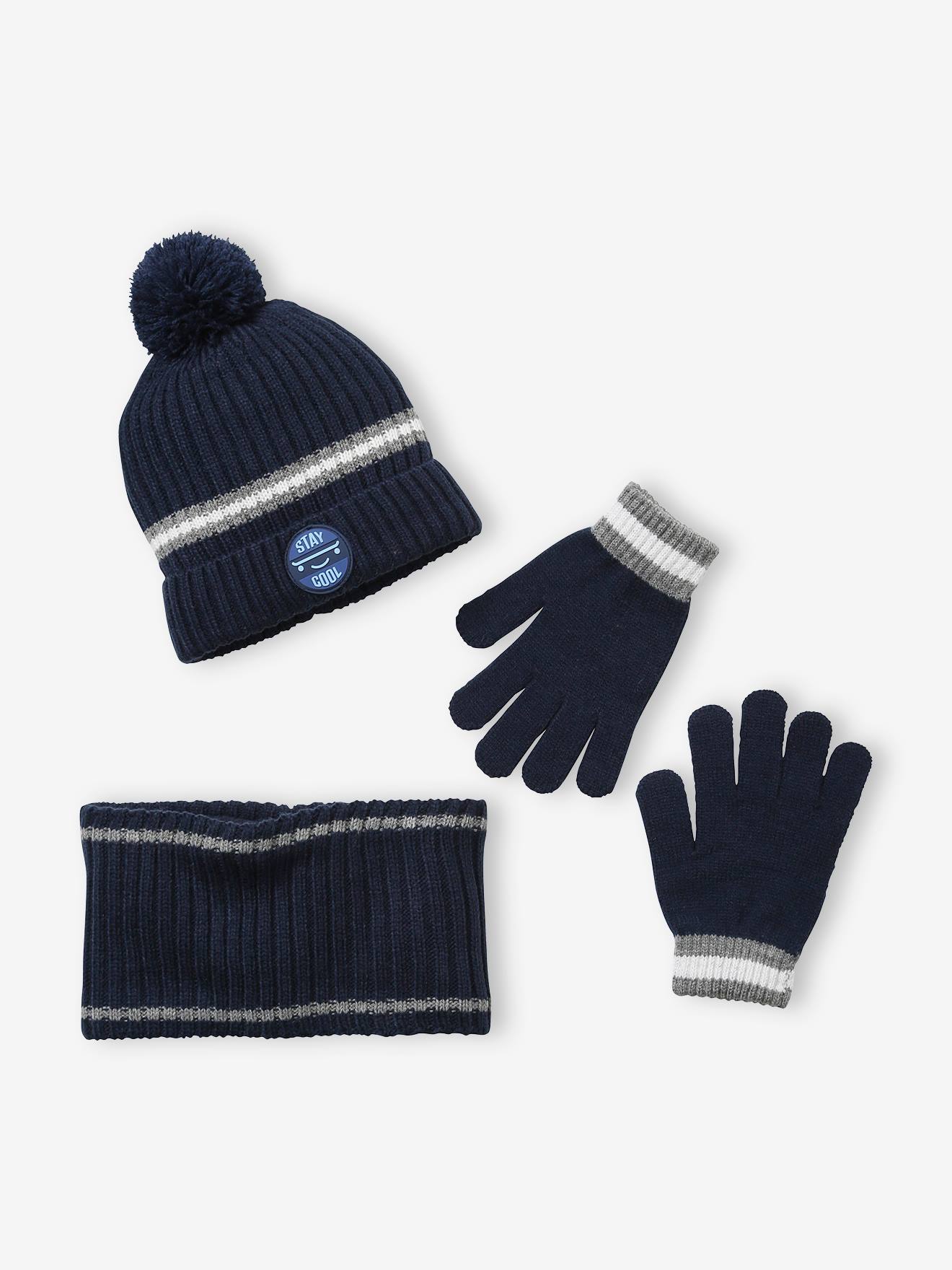 Ensemble garçon bonnet + snood + gants en maille côtelée BASICS marine