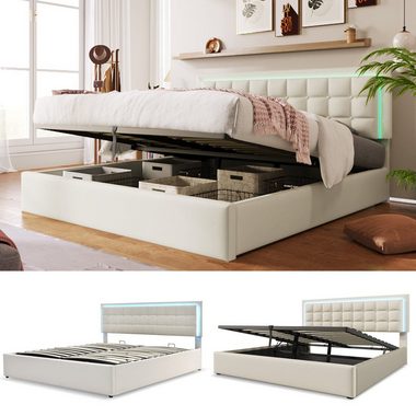REDOM Polsterbett Leder Doppelbett Bett Funktionsbett Hydraulisch mit LED Leuchte (mit Stauraum, Massivholzbett), Weiß, ohne Matratze/mit Matratze, 140×200cm/160×200cm/180×200cm