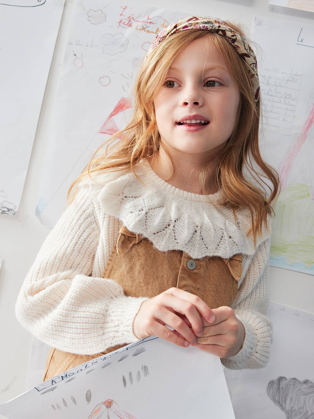 Pull fantaisie à collerette fille beige poudré