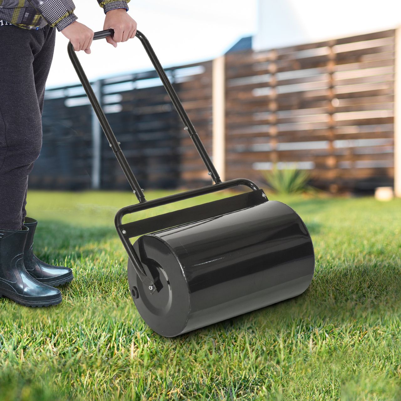 Outsunny Rasenwalze mit U-Griff Gartenwalze, 32 cm Durchmesser 38 L Wasser-/62 kg Sand Metall Schwarz