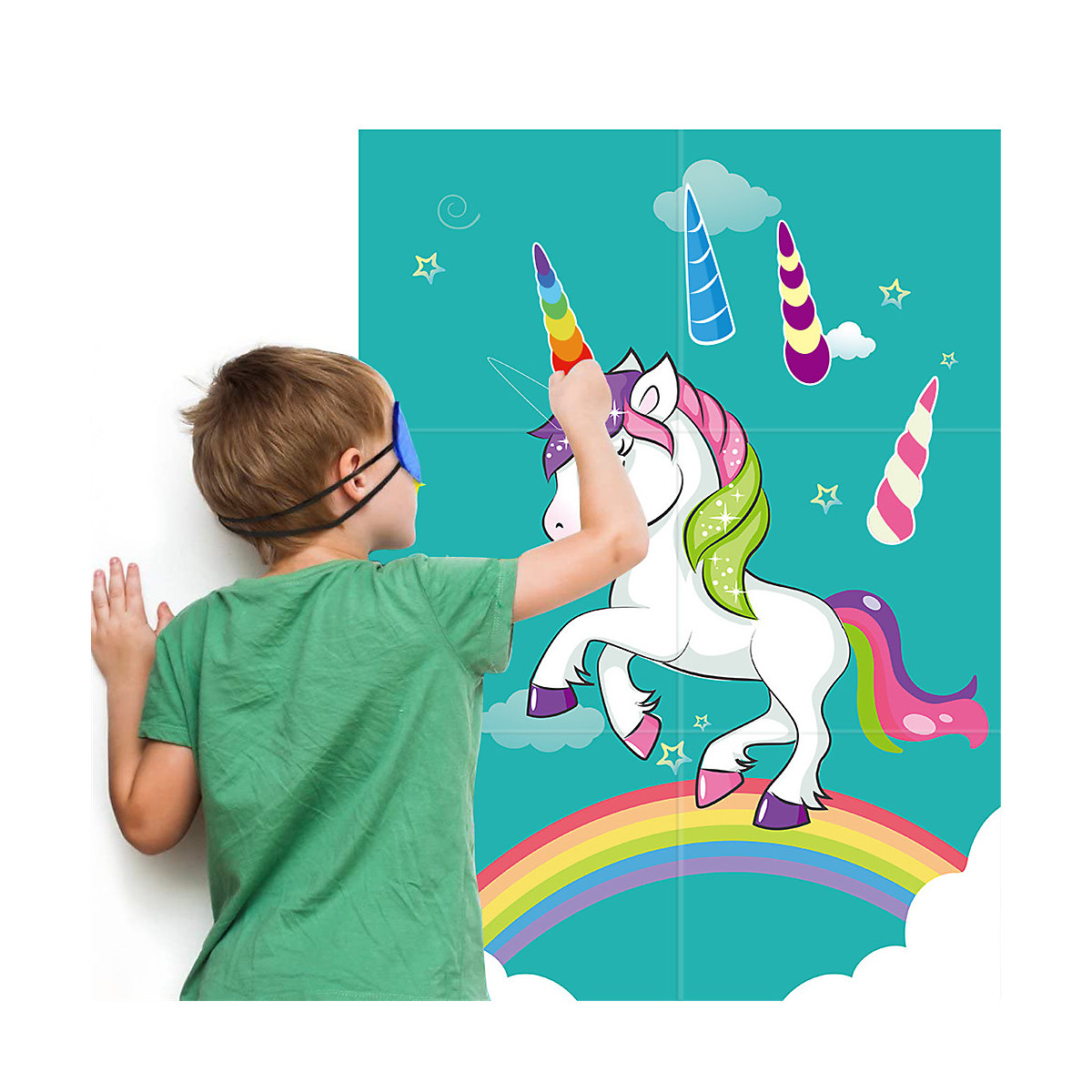 frler Partyspiel Einhorn Poster mit 34 Horn-Aufkleber Mitgebsel für Kinder