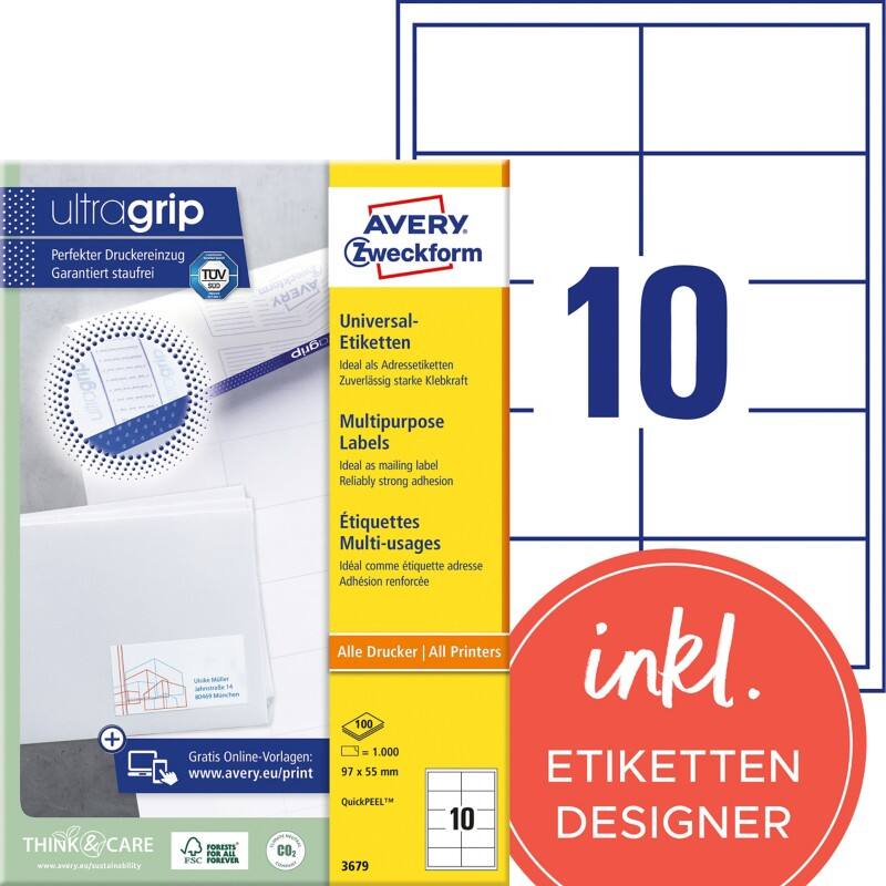 AVERY Zweckform 3679 Universaletiketten DIN A4 Weiß 97 x 55 mm 100 Blatt à 10 Etiketten