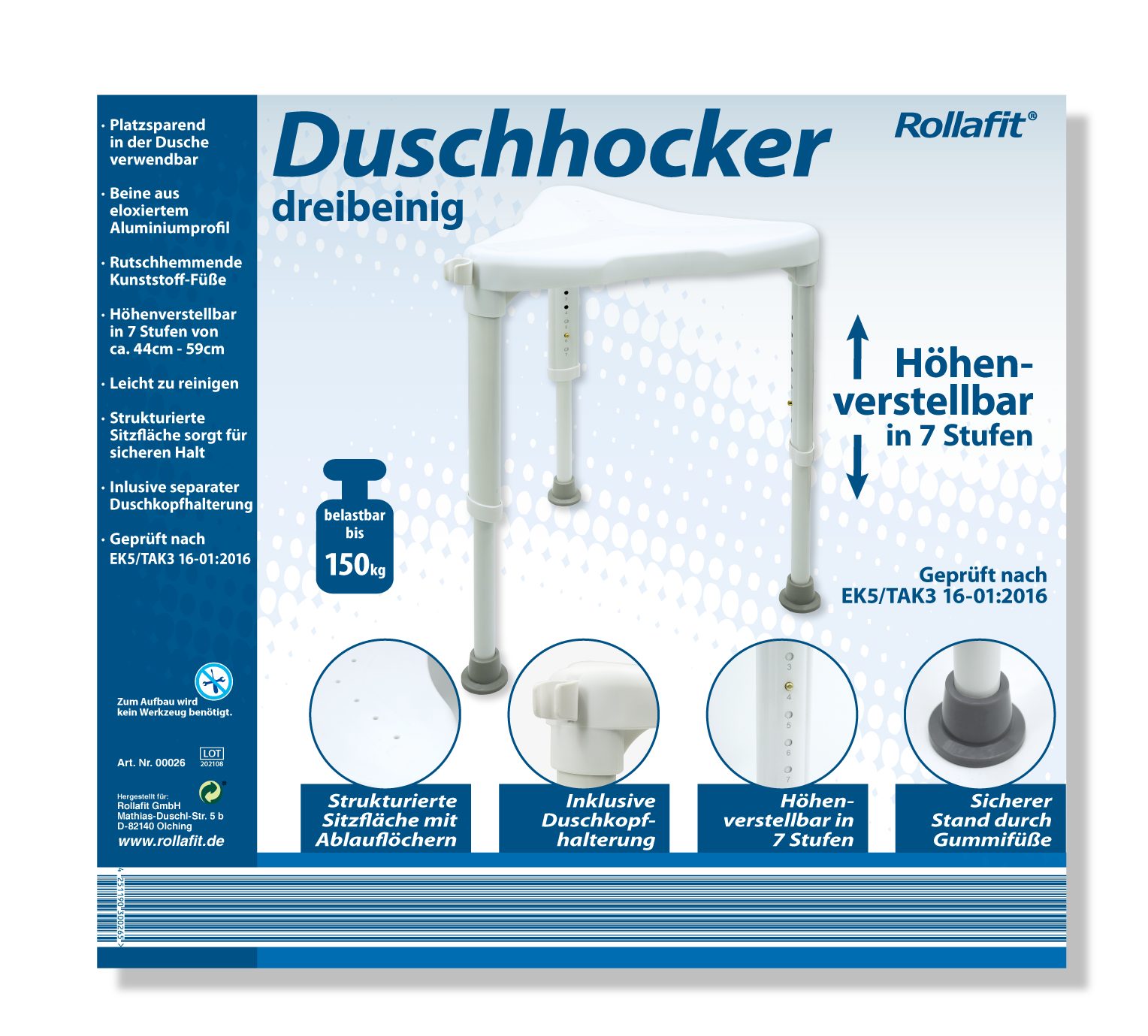 Rollafit Dusch- und Badhocker Duschhocker dreibeinig, belastbar bis 150 kg, Geprüft nach EK5/TAK3 16-01:2016