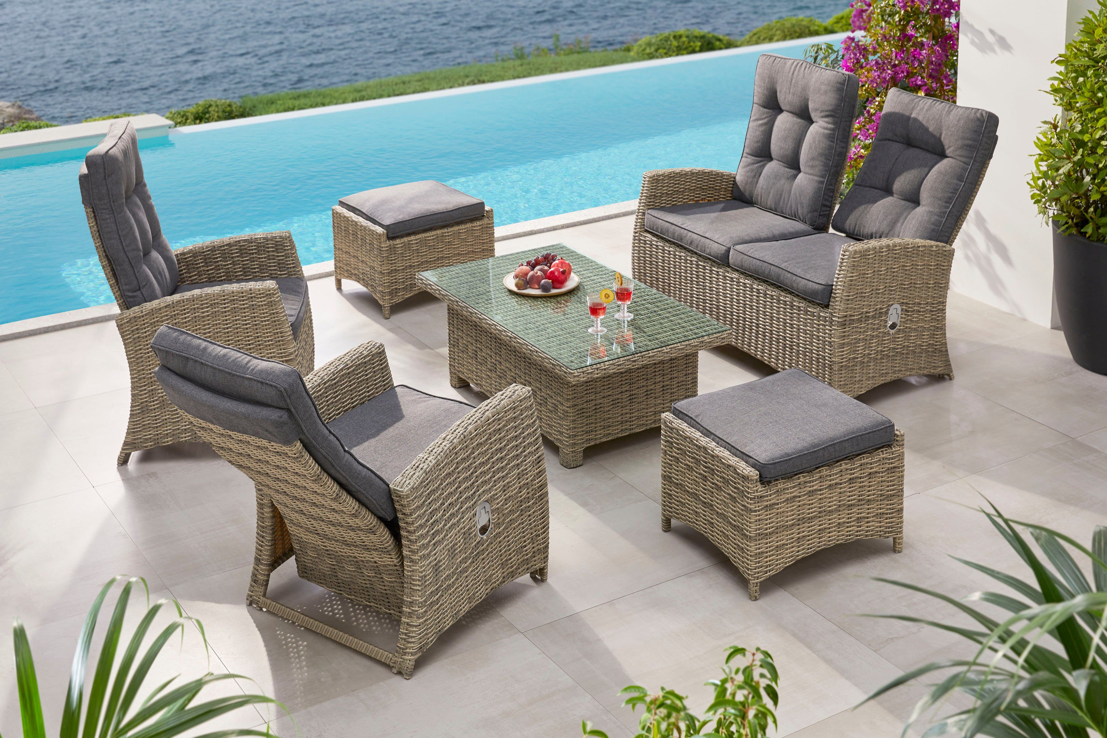 KONIFERA Gartenlounge-Set Monaco, (Set, 16-tlg., inkl. Auflagen, Alu, Polyrattan), höhenverstellbarer Tisch 43,5 - 66,5 cm