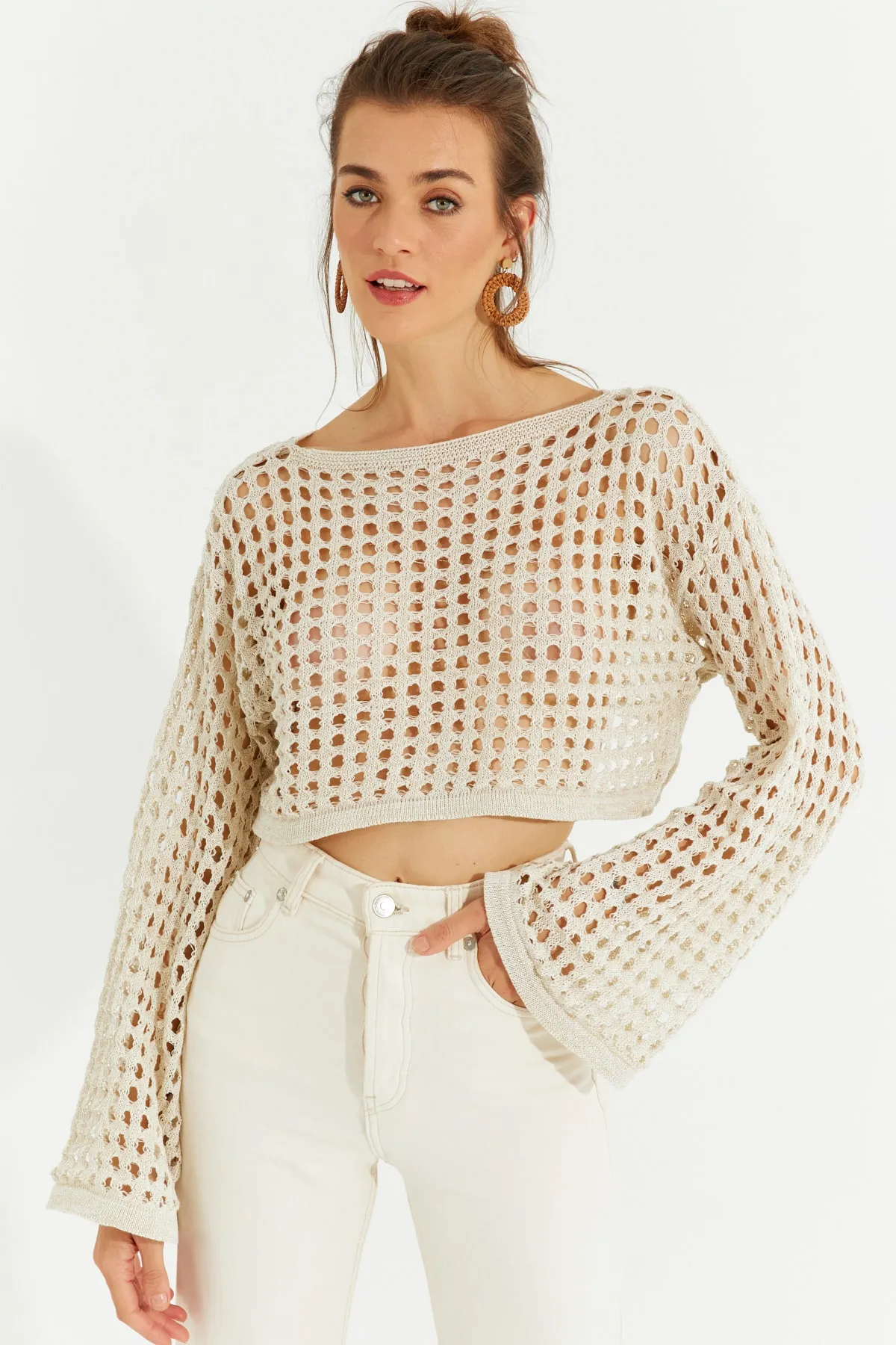 Cool & Sexy  Ecrufarbene, durchbrochene, glitzernde Strick-Kurzbluse für Damen YV141