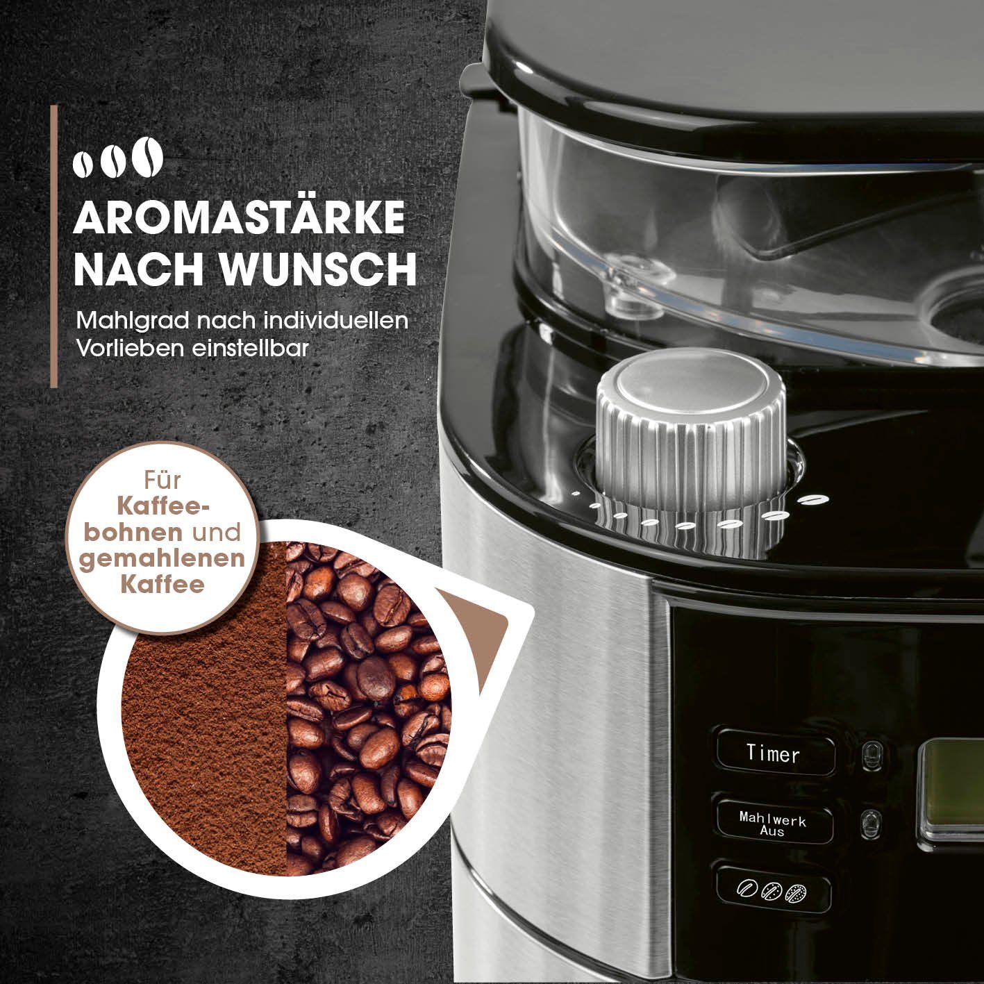 Barista Kaffeemaschine mit Mahlwerk inkl. Glaskanne 12 Tassen für Bohnen & Pulver, 1.5l Kaffeekanne, 900W Edelstahl/Schwarz