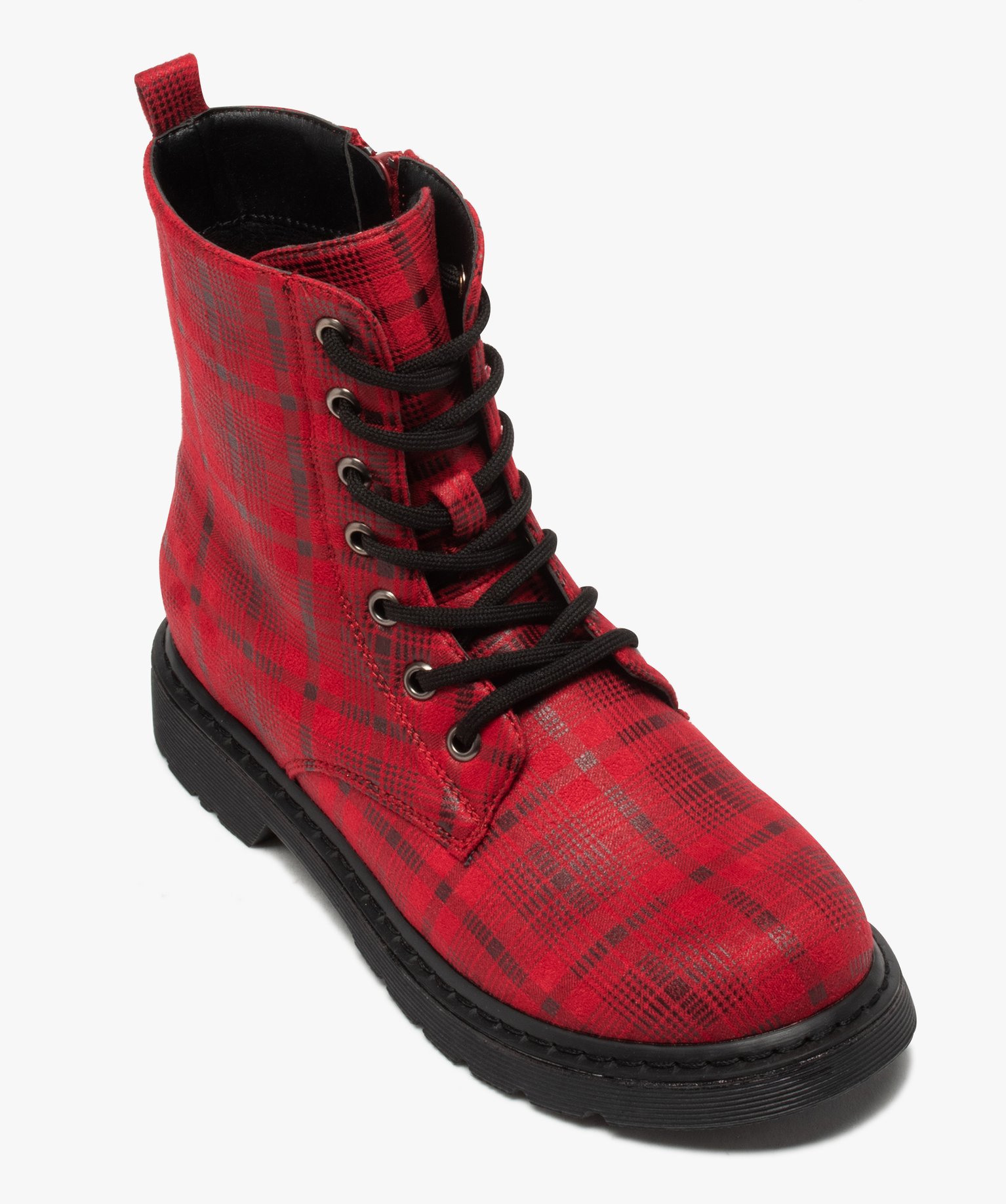 Boots femme rangers à semelle crantée et dessus fantaisie rouge | GEMO