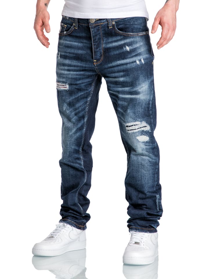 Amaci&Sons Regular Fit Destroyed Jeans KANSAS in Dunkelblau (Patches) günstig kaufen