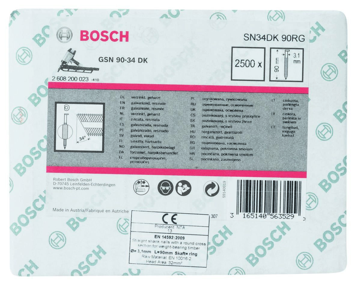 Bosch Blue Accessories 2608200023 SN34 DK 90RG Stripsøm 34° D-hoved galvaniseret ring 90 mm 2500 stk.