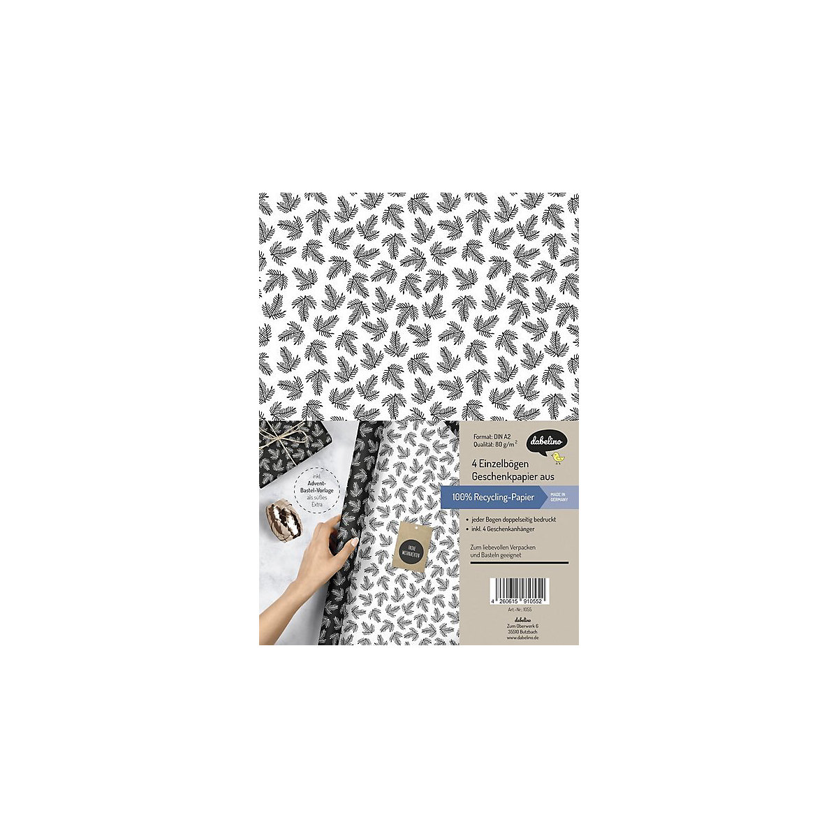 Geschenkpapier Set Weihnachten: schwarz-weiße Tannenzweige