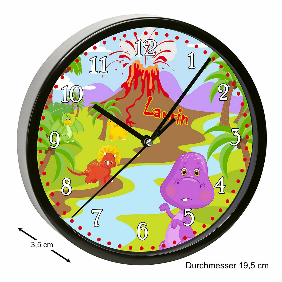 Kinder Wanduhr laufruhig personalisiert mit Name Dino