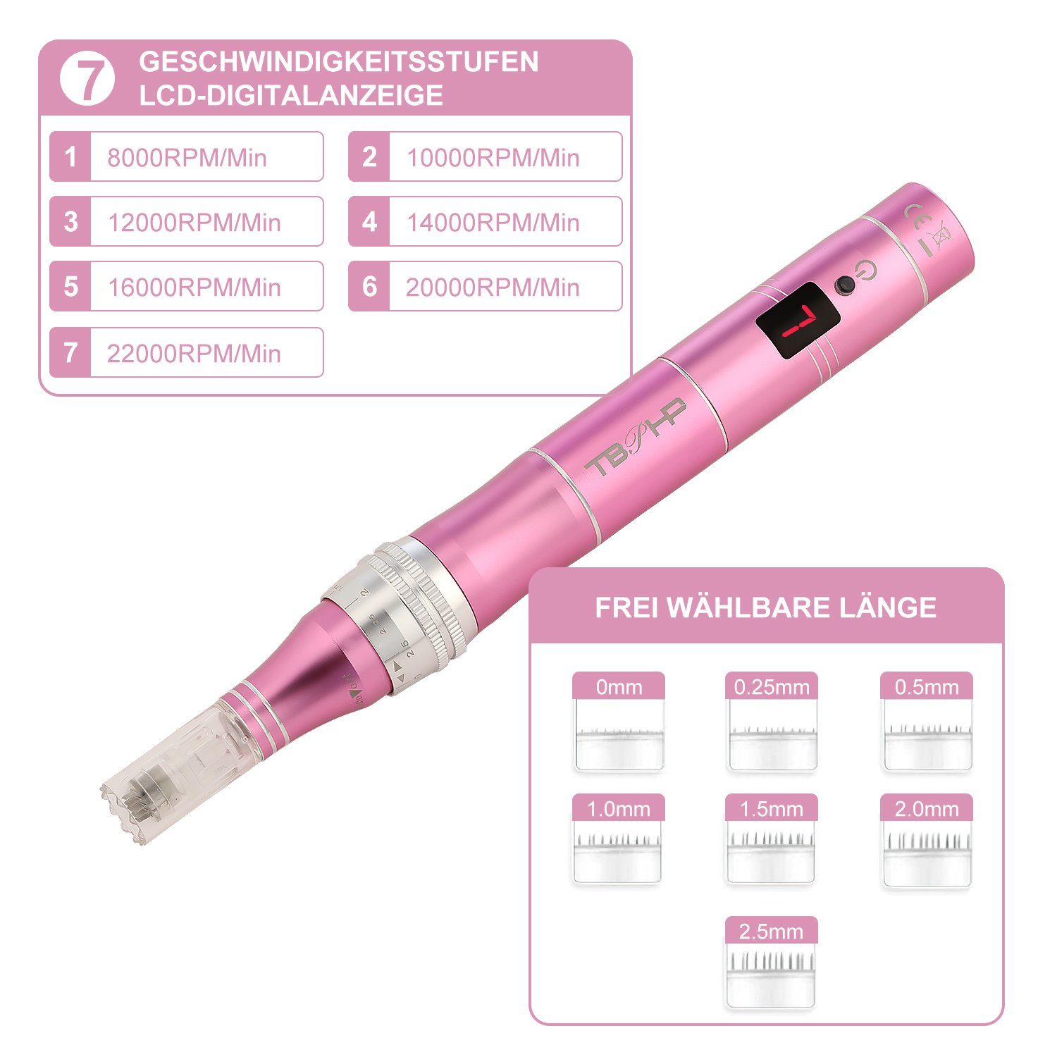 LETGOSPT Mikrodermabrasionsgerät Profi Dermapen, Elektrische Microneedling Pen 0mm-2.5mm, Mit 7 Stufen, für Gesicht Hautverjüngung(Inkl.12 köpfe Patronen)