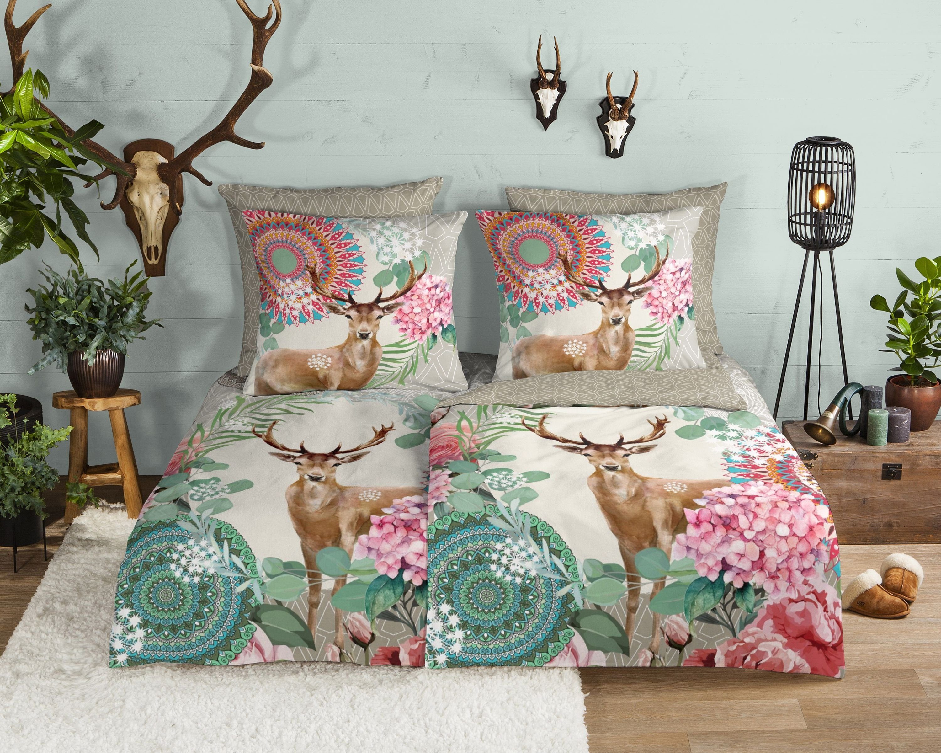 Bettwäsche Comfort Baumwolle, Traumschloss, Flanell, 2 teilig, grüne Mandalas mit Hirsch