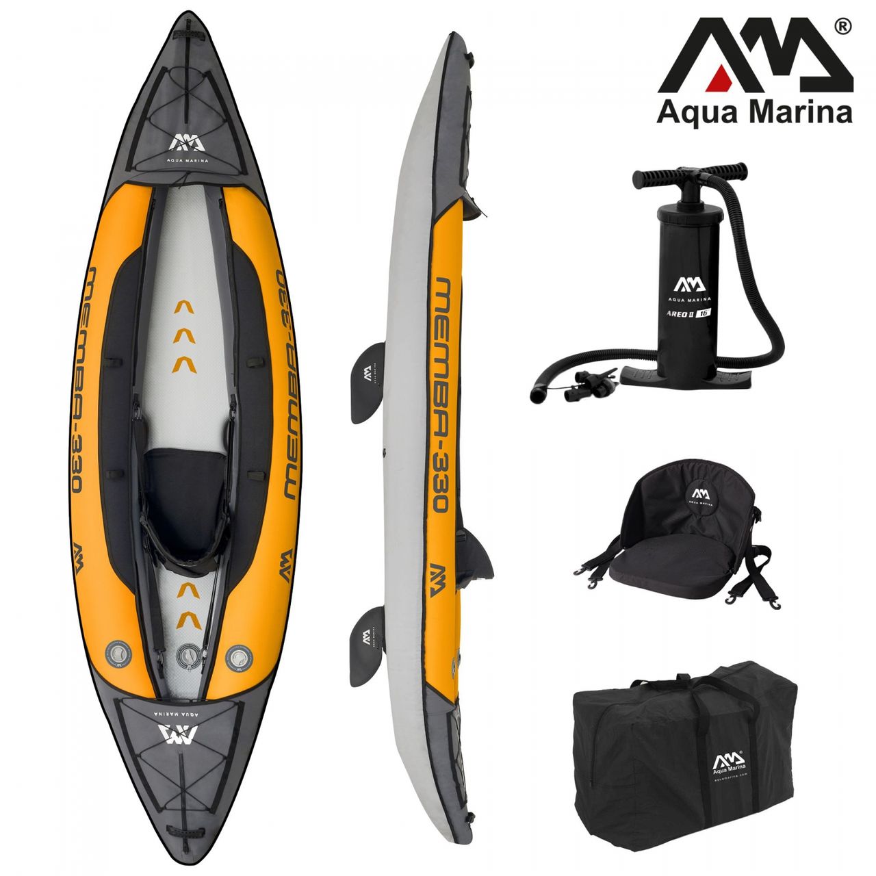 PureHaven Aqua Marina Kajak 330x90 cm für 1 Person mit Luftsitz verstellbarer Lehne Transporttasche Reparaturset und Handpumpe strapazierfähig Orange/Anthrazit