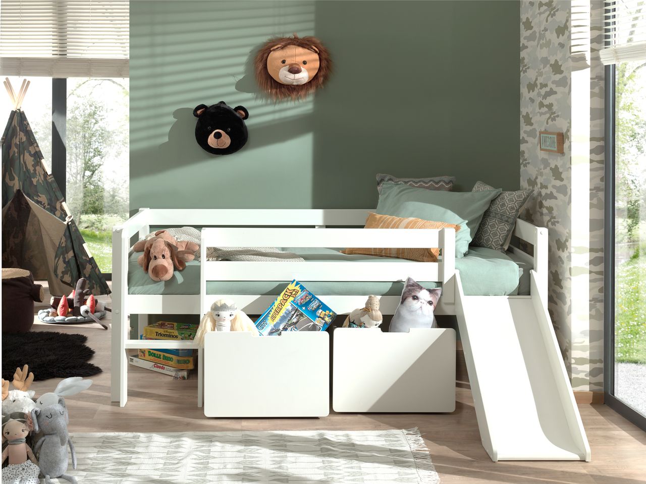 VIPACK Spielbett mit Liegefläche 90 x 200 cm, inkl. Leiter, Rutsche, Rolllattenrost und 2 Schubkästen, Kiefer und MDF weiß lackiert