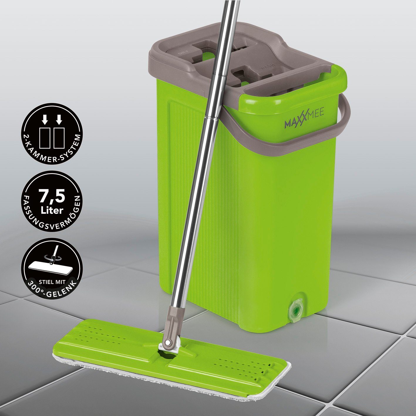 MAXXMEE Wischmopp Komfort-Mopp Smart 7,5 l - Bodenwischer - Eimer 2-Kammer-System - limegreen