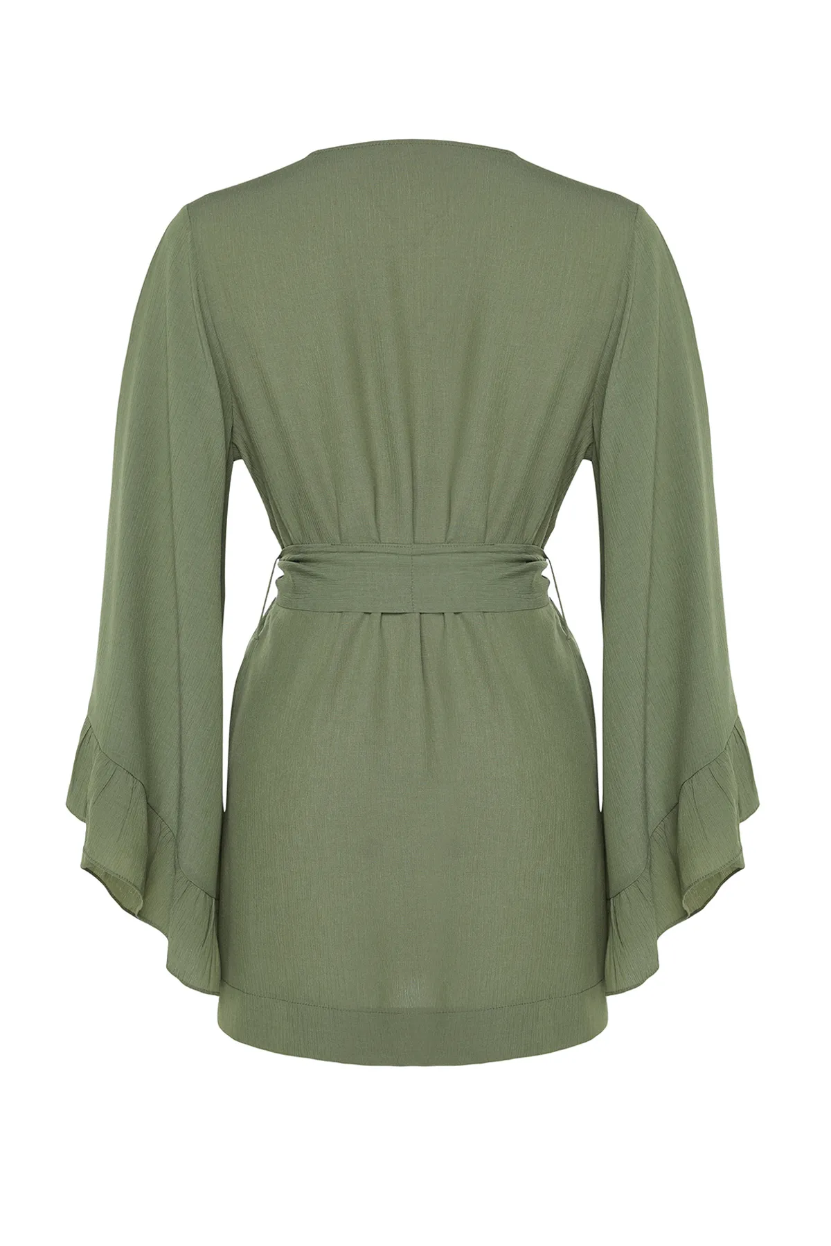 Trendyol Collection  Khakifarbener, gewebter Mini-Volant-Kimono und -Kaftan mit Gürtel TBESS21KM0002