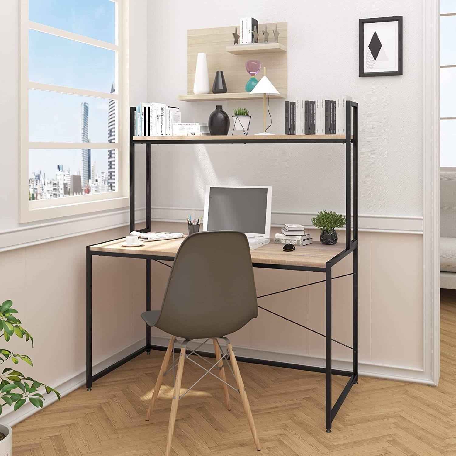 Woltu Computertisch (1-St), Schreibtisch mit 2 Ablage, aus Holz und Stahl