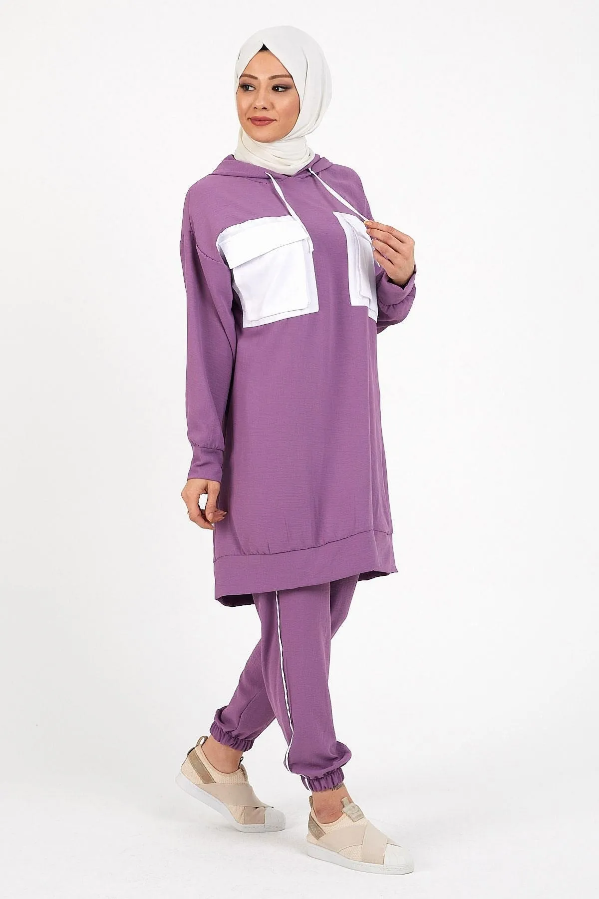 Modamihram  Taschendetaillierter Aerobin-Anzug Flieder 12228