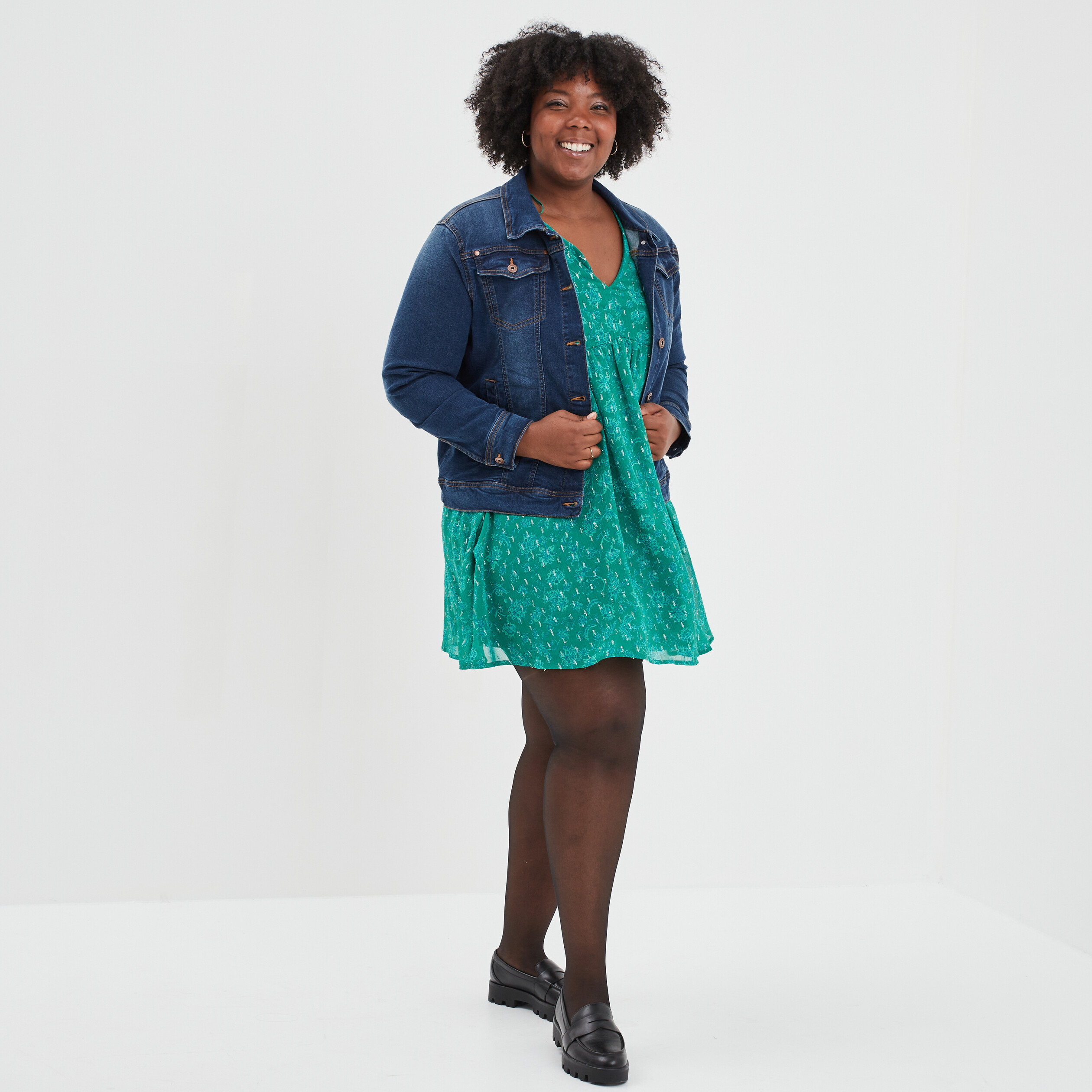 Robe patineuse fils métallisés col en V vert femme grande taille | La Halle