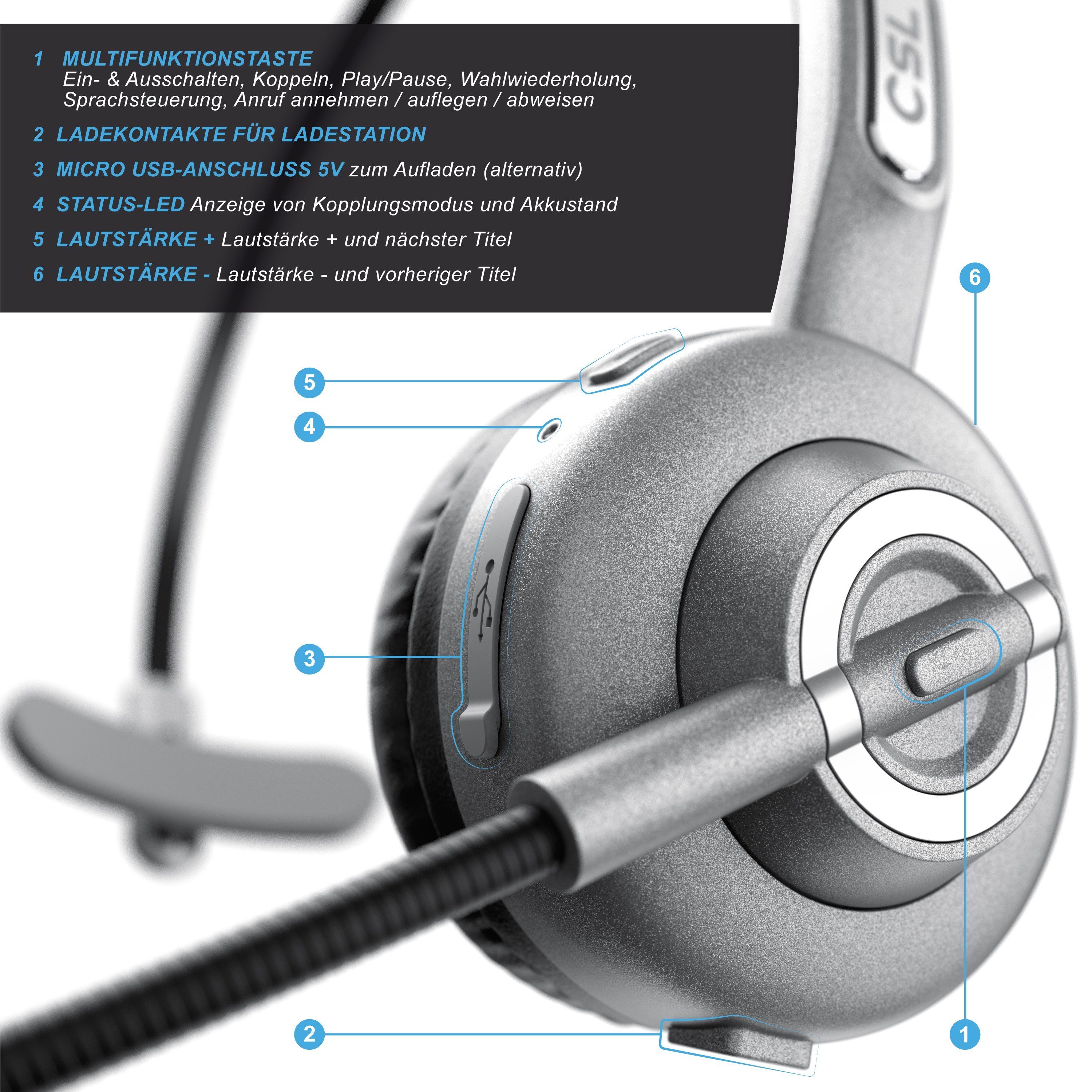 CSL Wireless-Headset (Bluetooth, Mono, Bluetooth, Ladestation, Kopfhörer mit flexiblem Mikrofon)