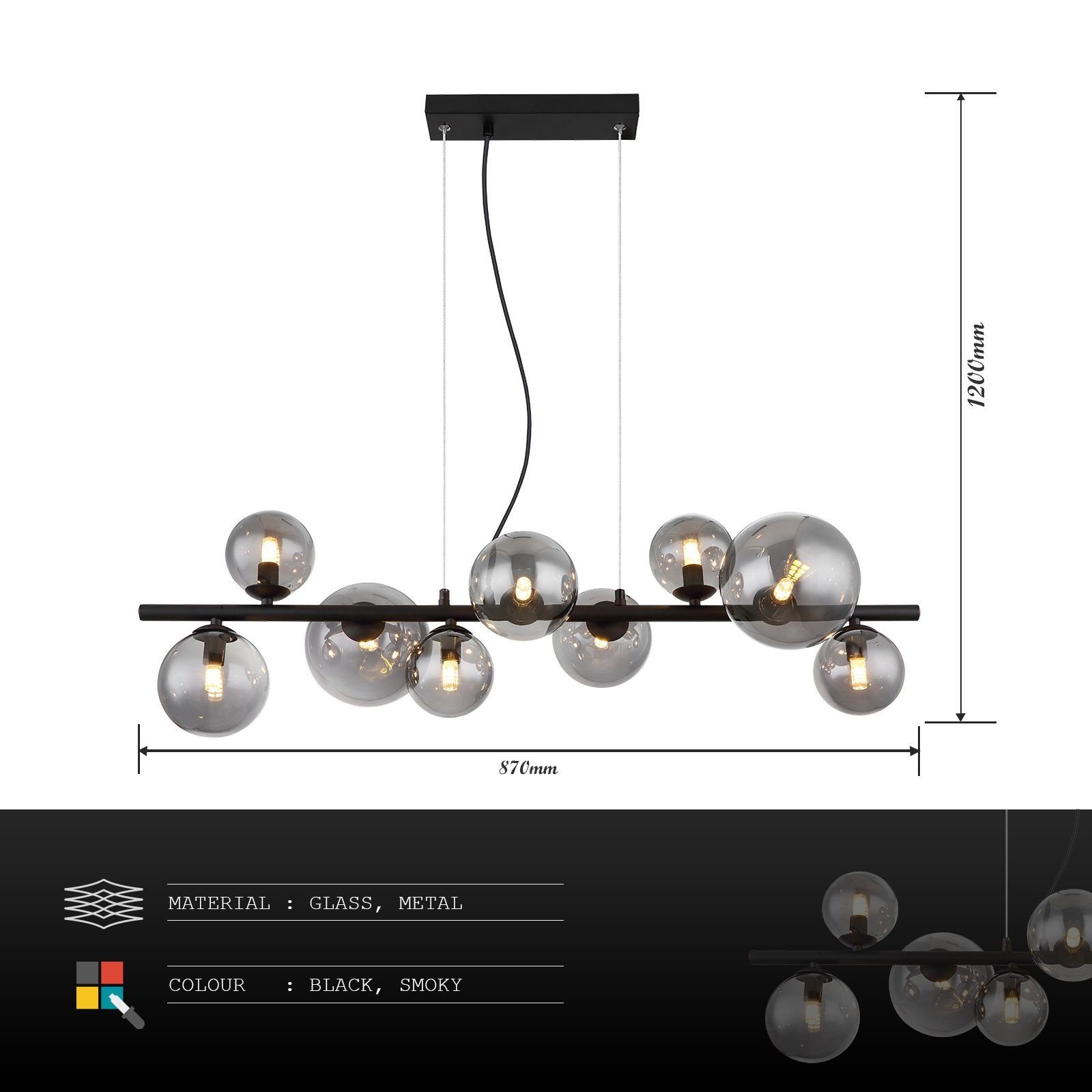 Globo Hängeleuchte GLOBO Hängeleuchte Esszimmer LED Hängelampe Rauchglas Pendelleuchte, Glas, Kugeln, 9 flammig, modern, LED wechselbar, Warmweiß, Wohnzimmer, Schlafzimmer, Pendellampe