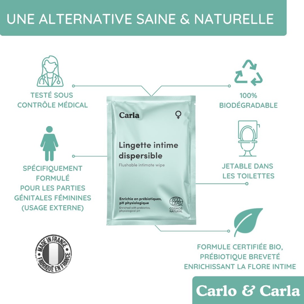 carlo & carla Boîte de 7 lingettes intimes individuelles pour femme 0 déchet certifiées bio Lingettes intimes pour femme
