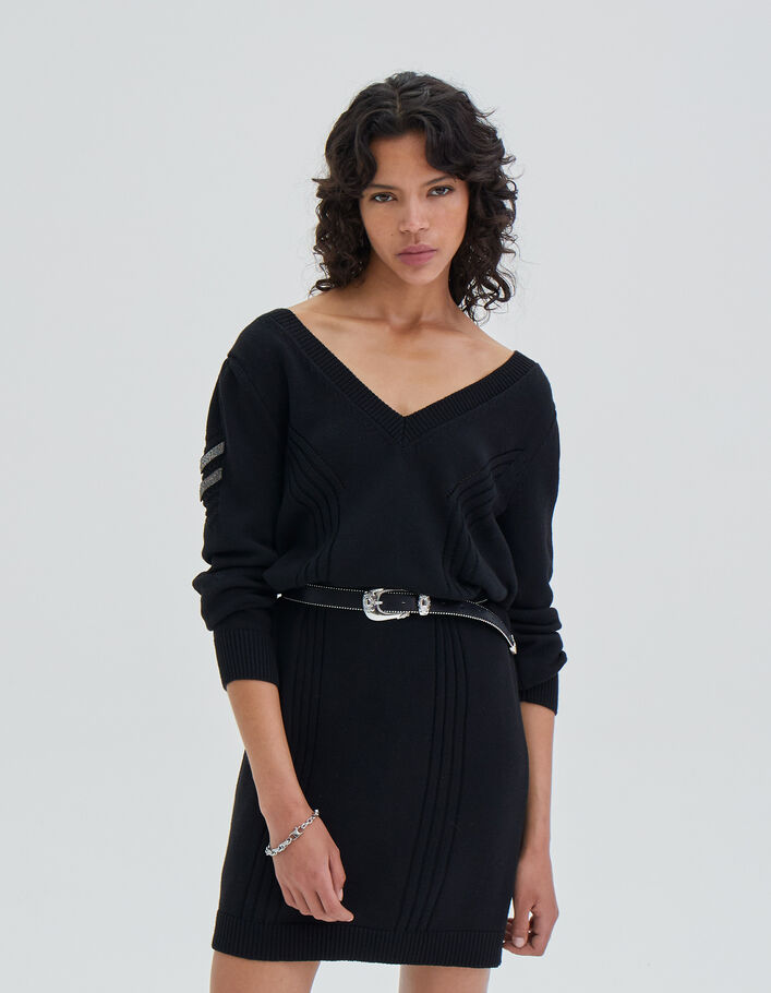 Robe courte noire en maille jeux de points chevrons femme