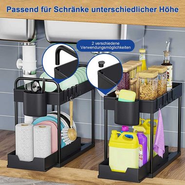 Kpaloft Ablageregal 2-stöckiger Organizer mit 4 Haken 2 Etagen & 1 Hängebeche, Spülschrankregal Waschbecken Regal, Unter der Spüle Schiebeschrank Regal Organizer für Badezimmer, Küchen