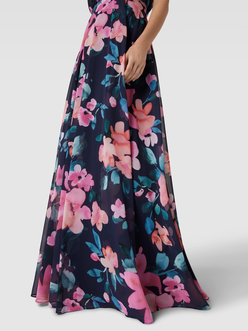 Abendkleid mit floralem Allover-Print in marineblau meliert