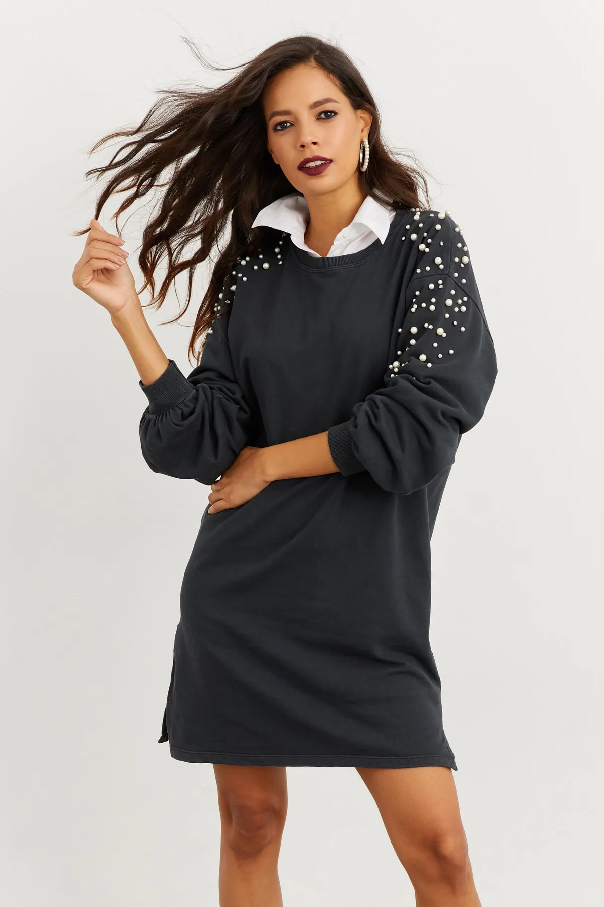 Cool & Sexy  Anthrazitfarbenes Perlen-Sweatkleid für Damen İZ5468