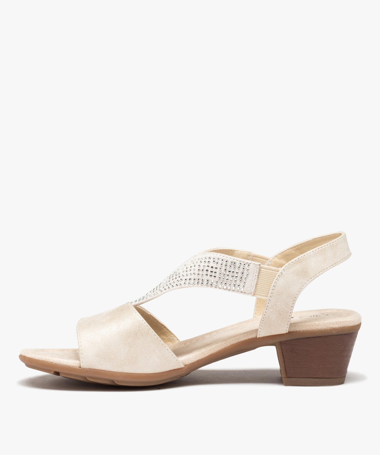 Sandales femme confort à talon et brides élastiques à strass beige | GEMO