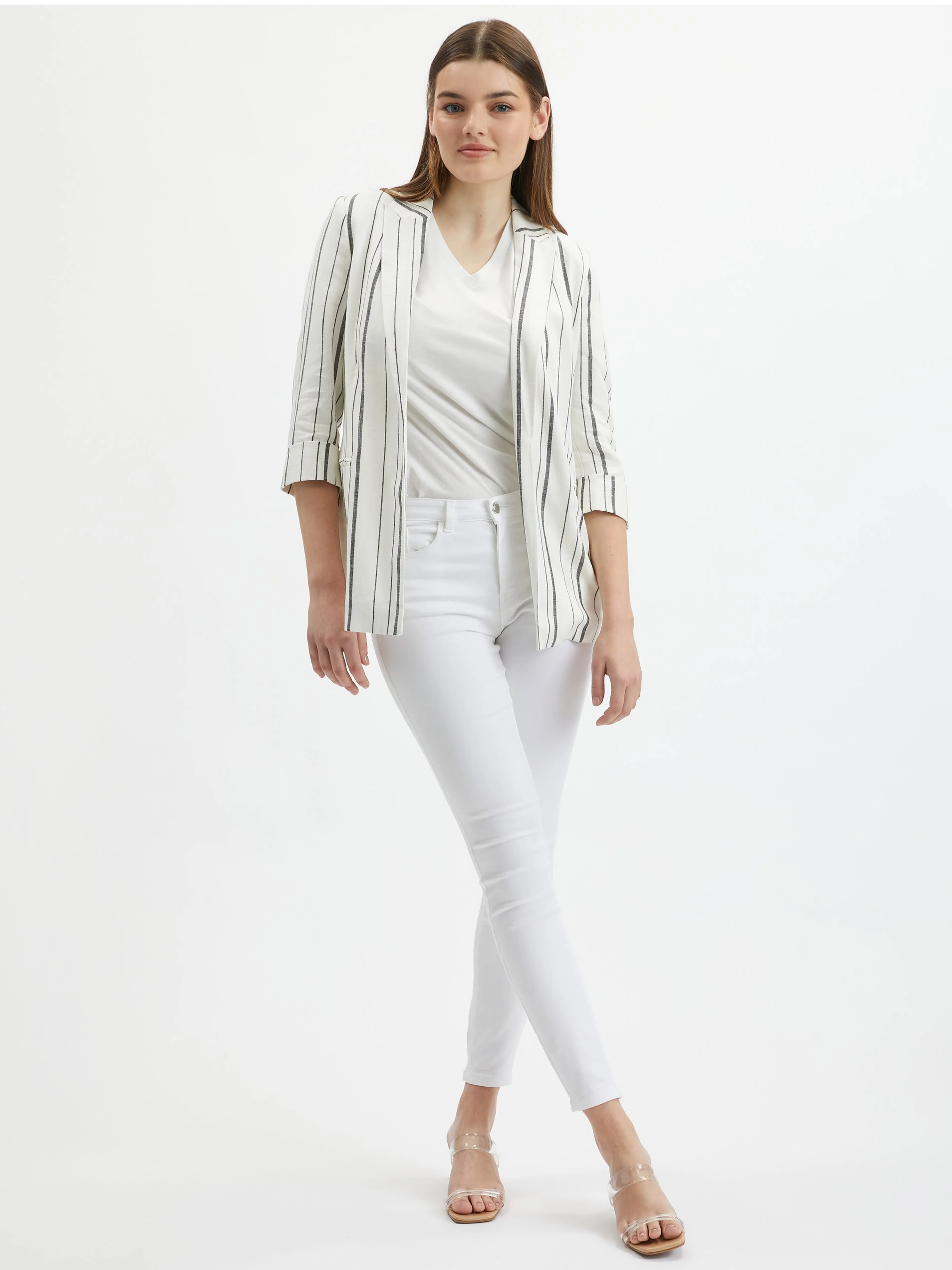 Weiße gestreifte Damen-Leinenjacke ORSAY